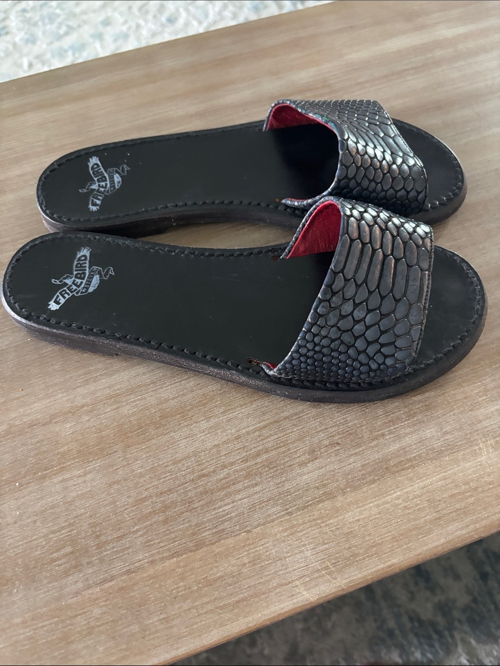 freebird Black Snake-Embossed Slide Sandals